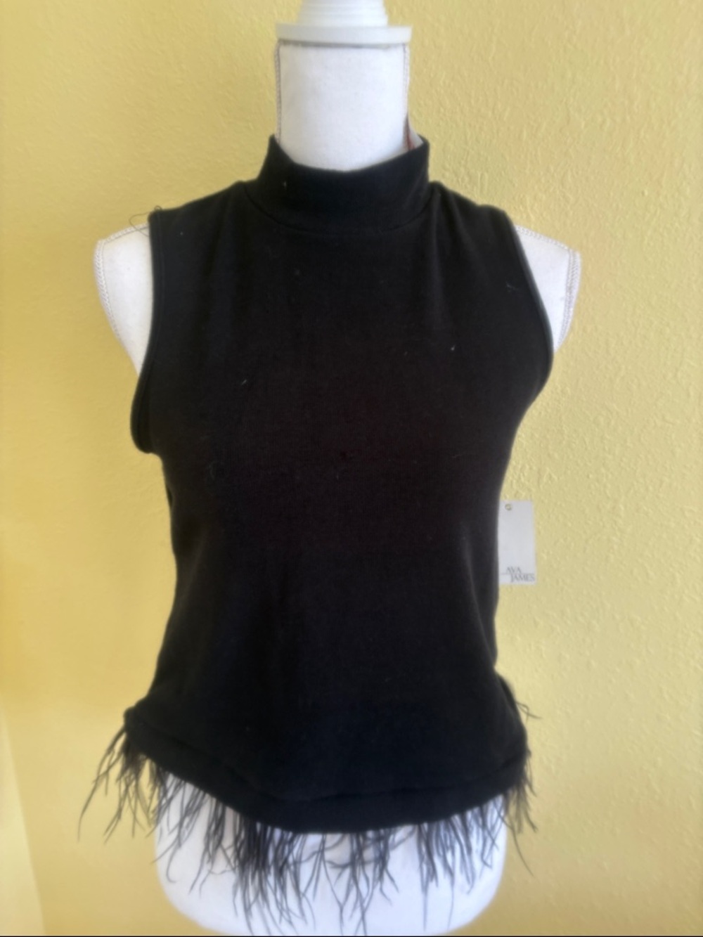 NWT Mock Neck Black Feather-Hem Sleeveless Tank Top